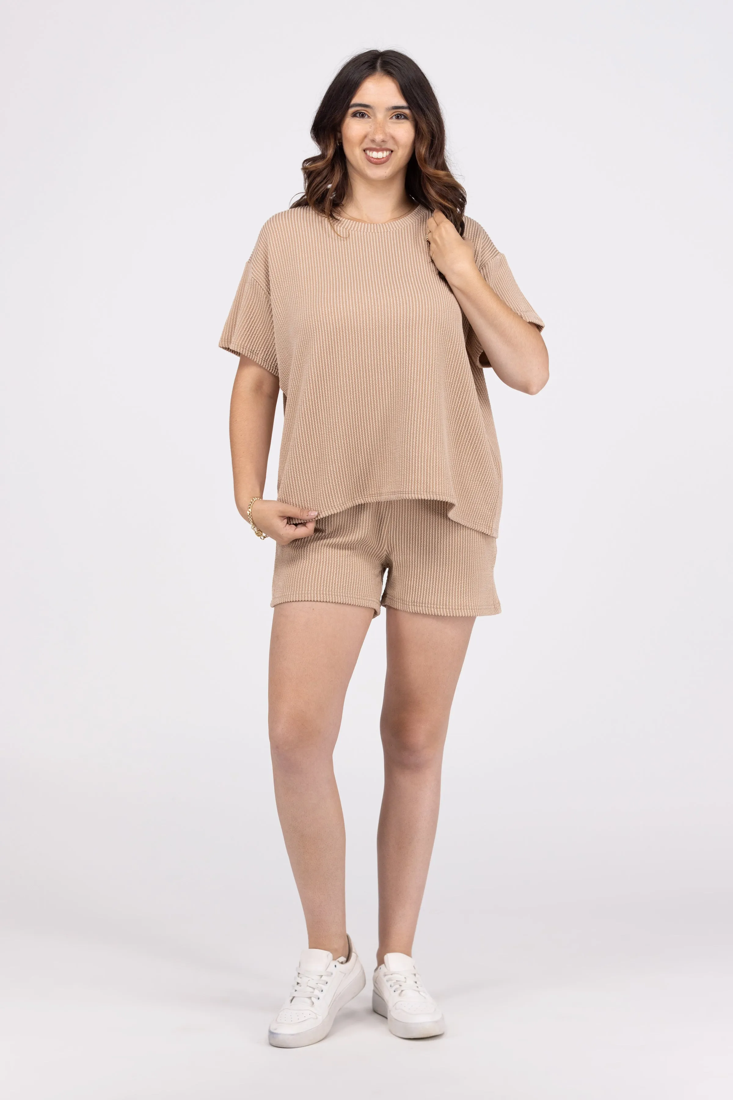All Set Damen Rippstoff Kurzarm-Shirt und Shorts-Set