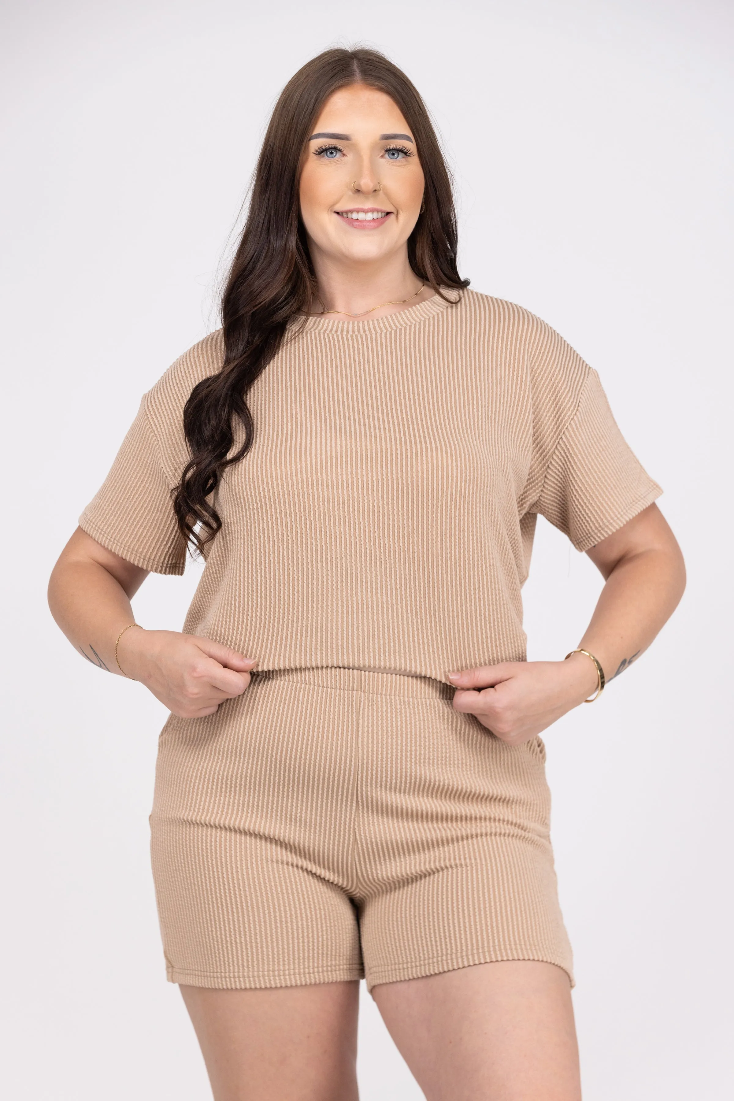 All Set Damen Rippstoff Kurzarm-Shirt und Shorts-Set