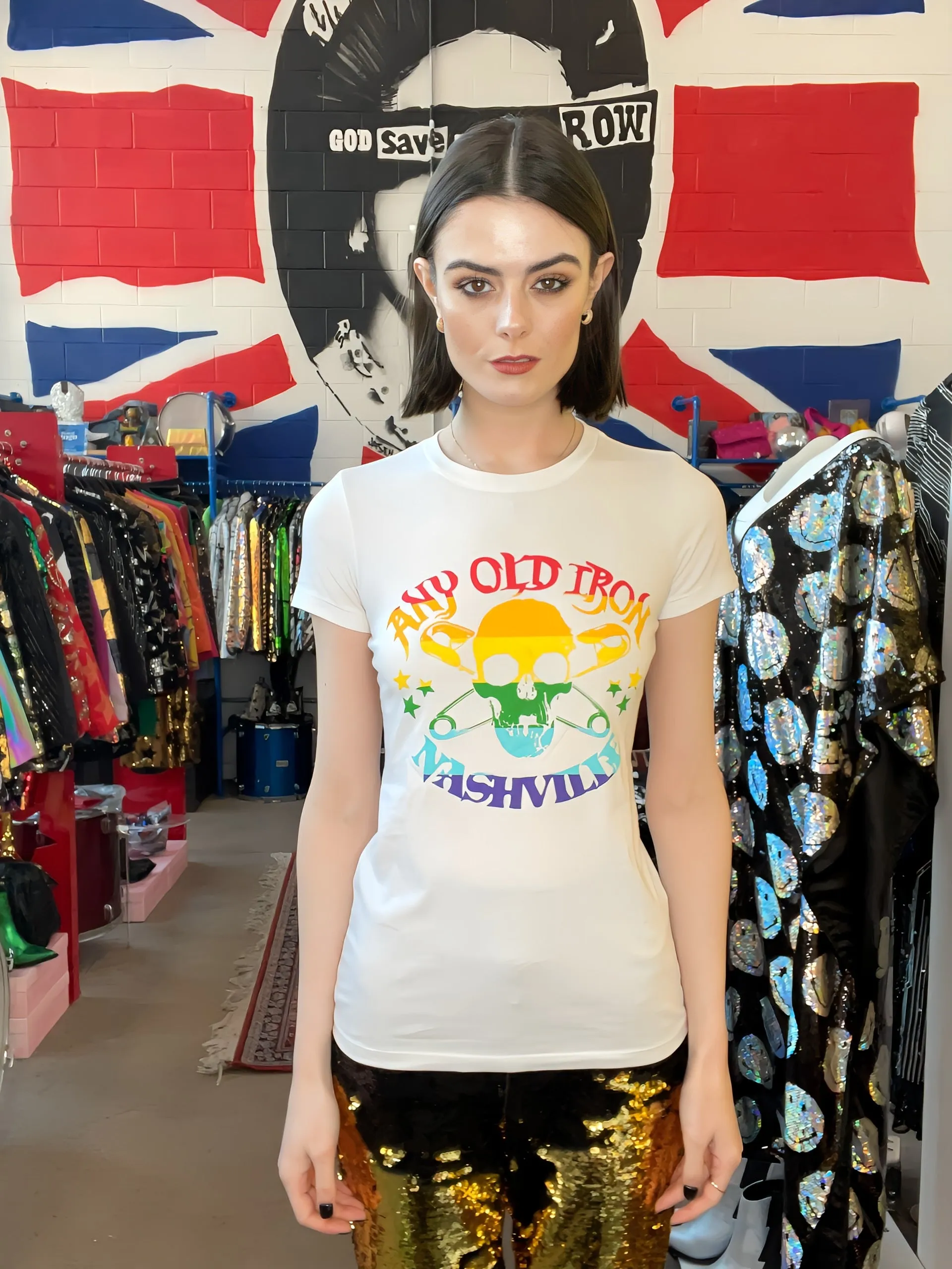 Any Old Iron White Rainbow Logo T-Shirt