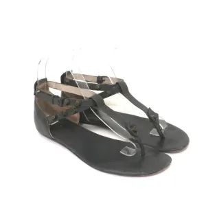 Balenciaga Nieten-T-Riemchen-Sandalen Dunkelgraues Leder Größe 37,5 Flache Zehenstegsandale