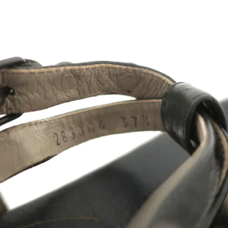 Balenciaga Nieten-T-Riemchen-Sandalen Dunkelgraues Leder Größe 37,5 Flache Zehenstegsandale