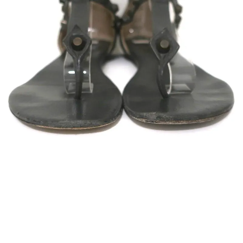Balenciaga Nieten-T-Riemchen-Sandalen Dunkelgraues Leder Größe 37,5 Flache Zehenstegsandale