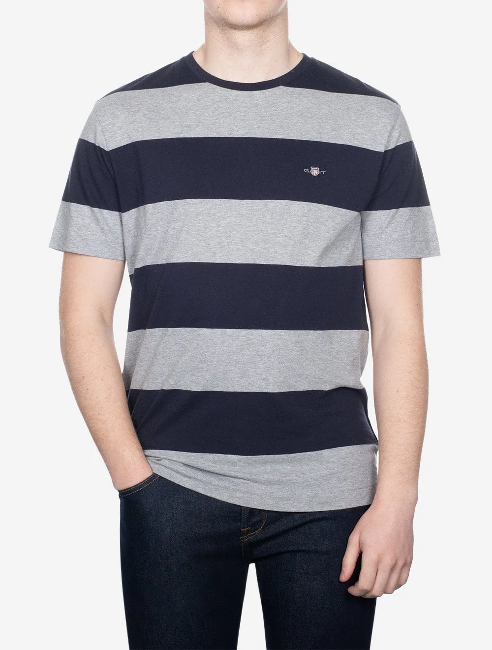 Bar Streifen Kurzarm T-Shirt Grau Melange
