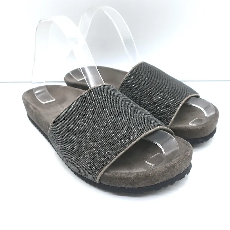 Brunello Cucinelli Monili Band Slide Sandalen Dunkelgraues Wildleder Größe 37 NEU