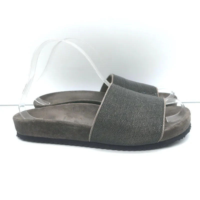 Brunello Cucinelli Monili Band Slide Sandalen Dunkelgraues Wildleder Größe 37 NEU