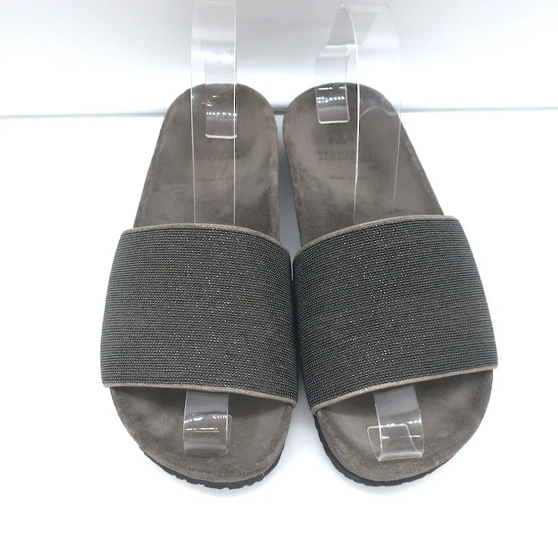 Brunello Cucinelli Monili Band Slide Sandalen Dunkelgraues Wildleder Größe 37 NEU