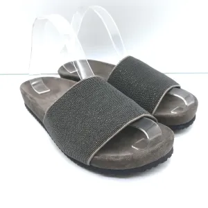 Brunello Cucinelli Monili Band Slide Sandalen Dunkelgraues Wildleder Größe 37 NEU