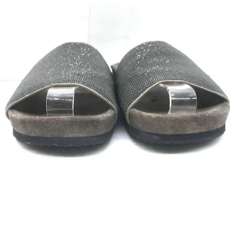 Brunello Cucinelli Monili Band Slide Sandalen Dunkelgraues Wildleder Größe 37 NEU