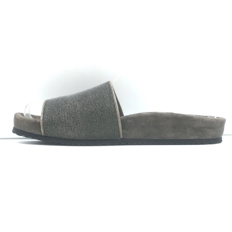 Brunello Cucinelli Monili Band Slide Sandalen Dunkelgraues Wildleder Größe 37 NEU