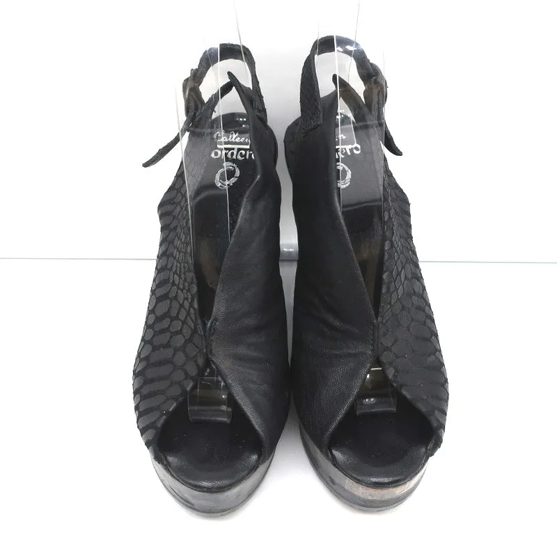 Calleen Cordero Plateau-Keilabsatz-Sandalen Felipa Schwarz Schlangenprägung Leder Größe 6