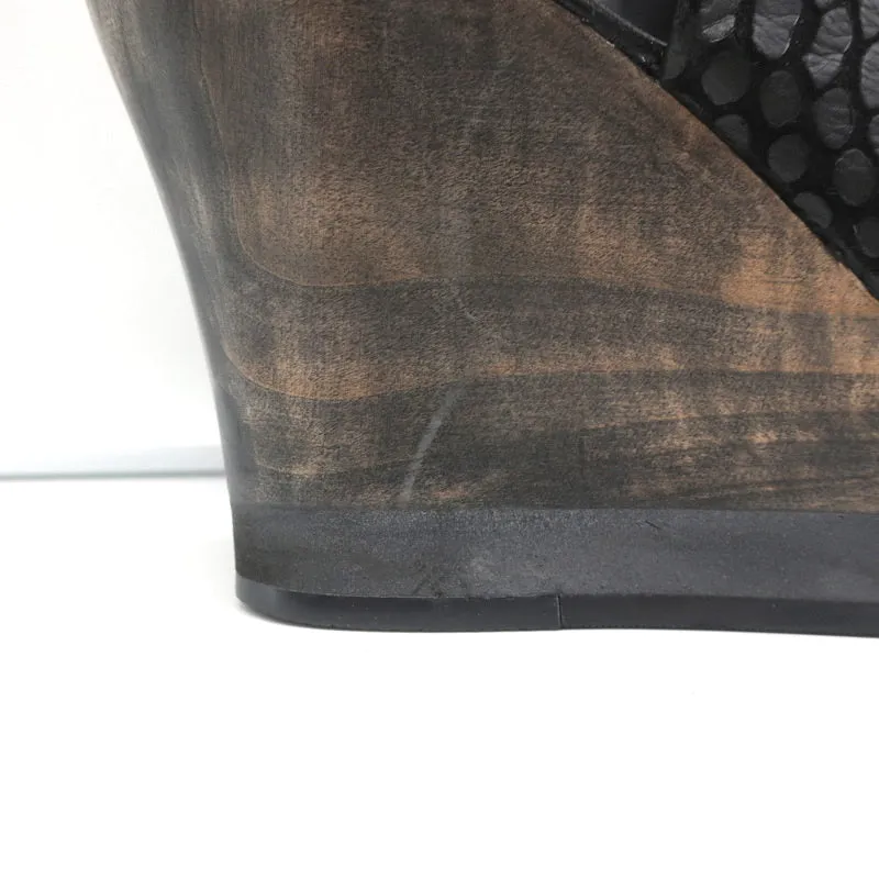 Calleen Cordero Plateau-Keilabsatz-Sandalen Felipa Schwarz Schlangenprägung Leder Größe 6