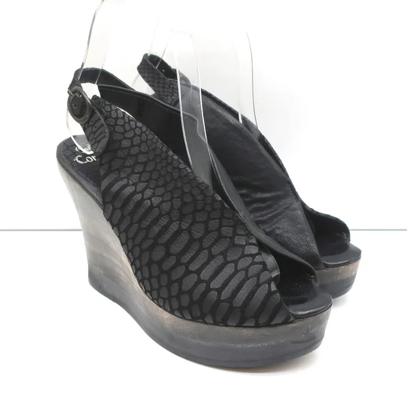 Calleen Cordero Plateau-Keilabsatz-Sandalen Felipa Schwarz Schlangenprägung Leder Größe 6