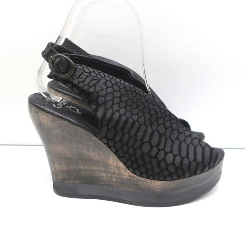 Calleen Cordero Plateau-Keilabsatz-Sandalen Felipa Schwarz Schlangenprägung Leder Größe 6