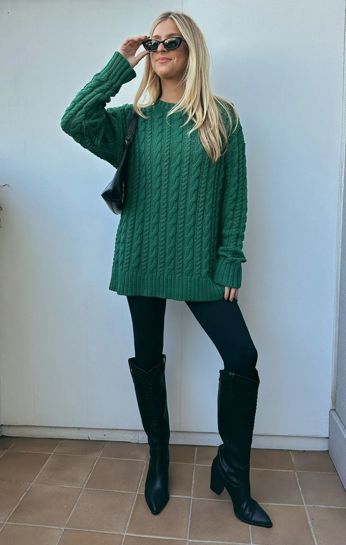 Alltagstunika-Pullover ~ Smaragdgrünes Kabelmuster