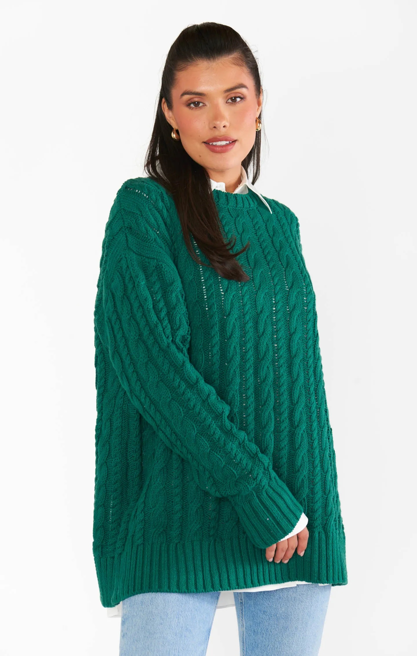 Alltagstunika-Pullover ~ Smaragdgrünes Kabelmuster