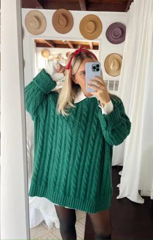 Alltagstunika-Pullover ~ Smaragdgrünes Kabelmuster
