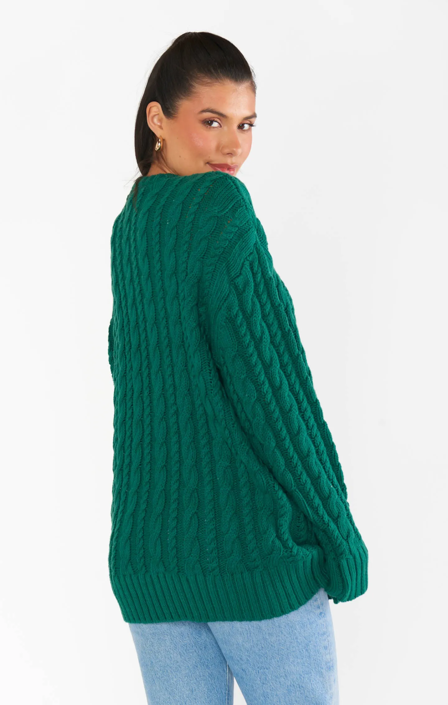 Alltagstunika-Pullover ~ Smaragdgrünes Kabelmuster