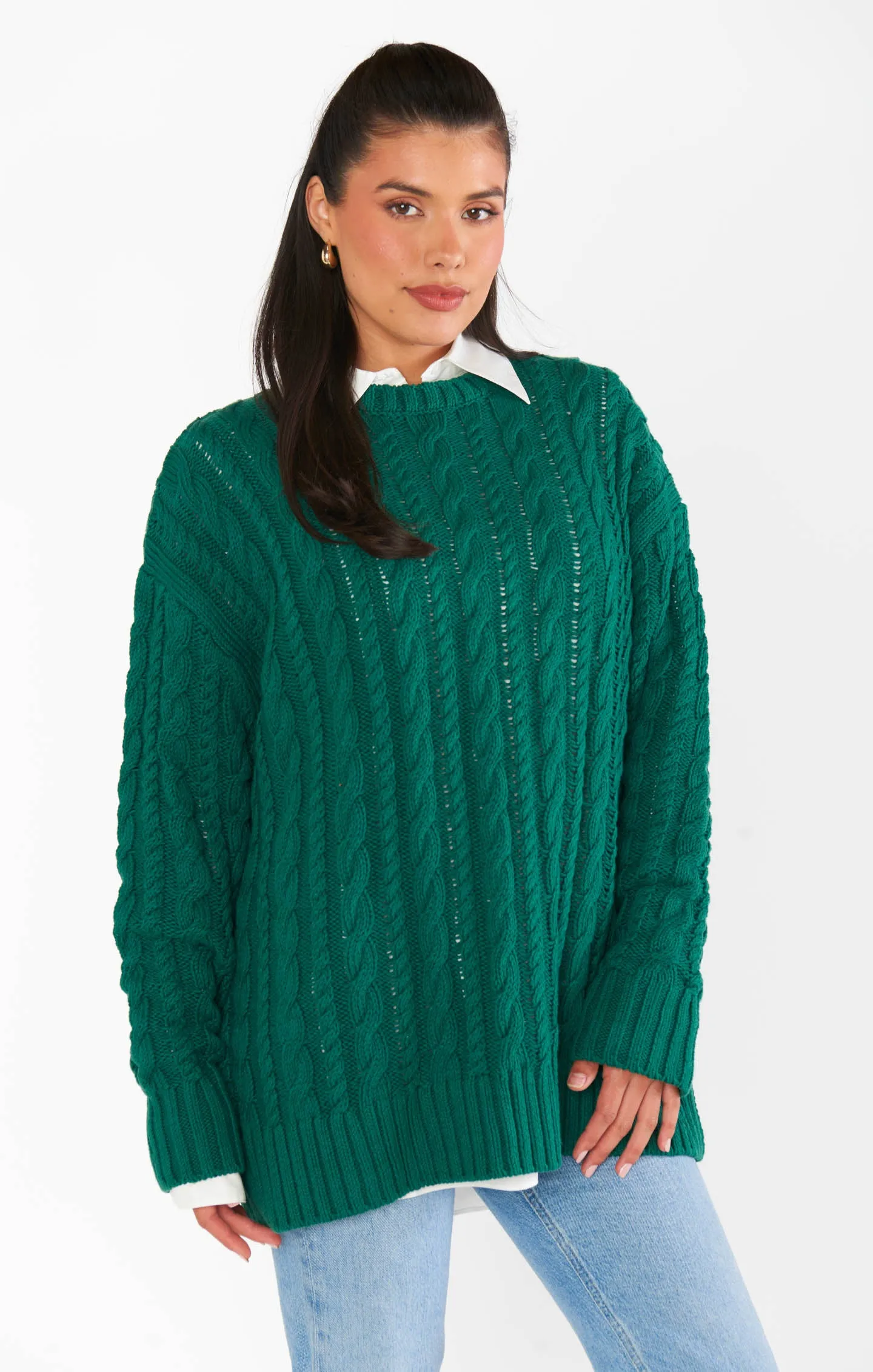 Alltagstunika-Pullover ~ Smaragdgrünes Kabelmuster