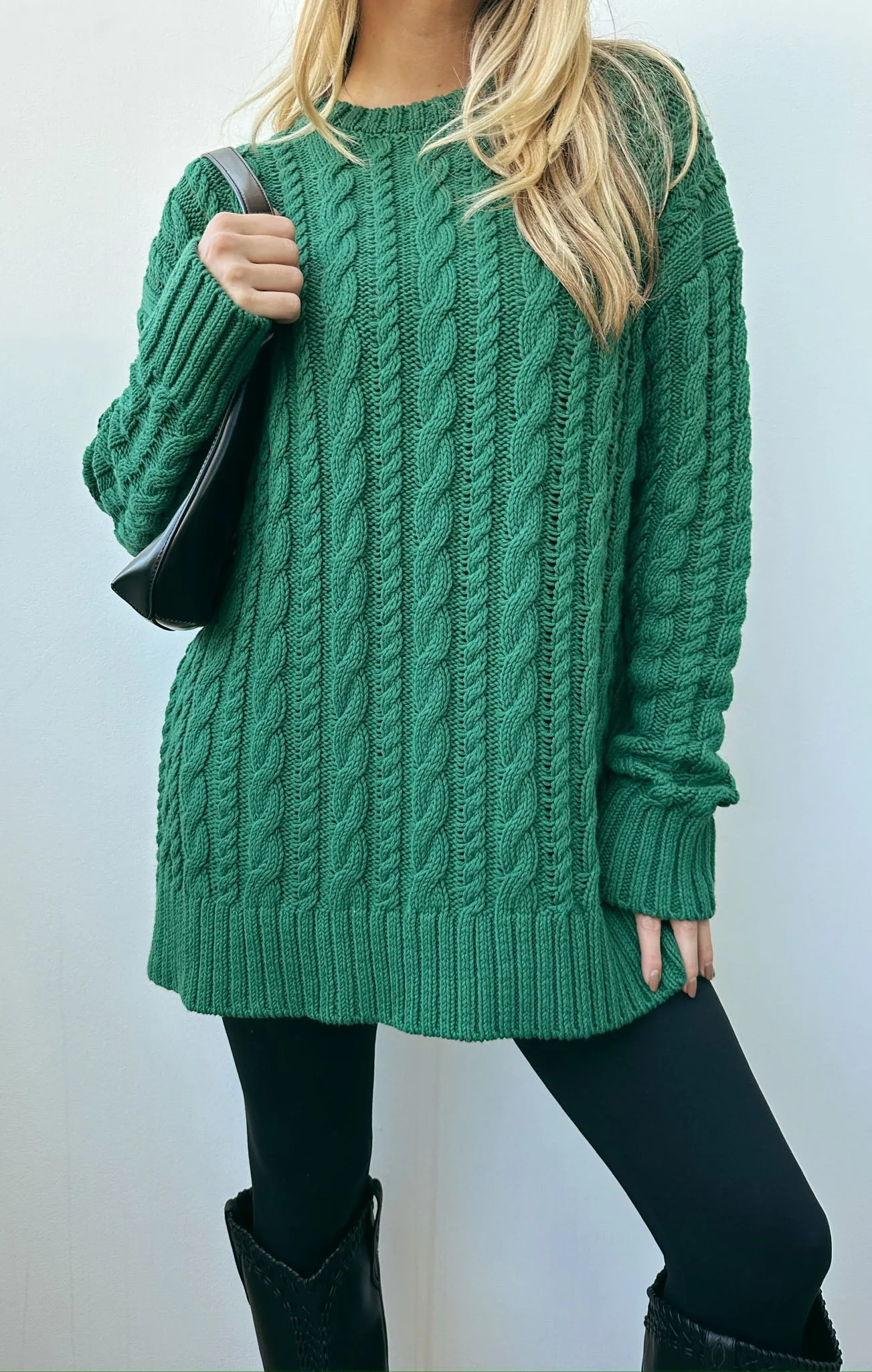 Alltagstunika-Pullover ~ Smaragdgrünes Kabelmuster