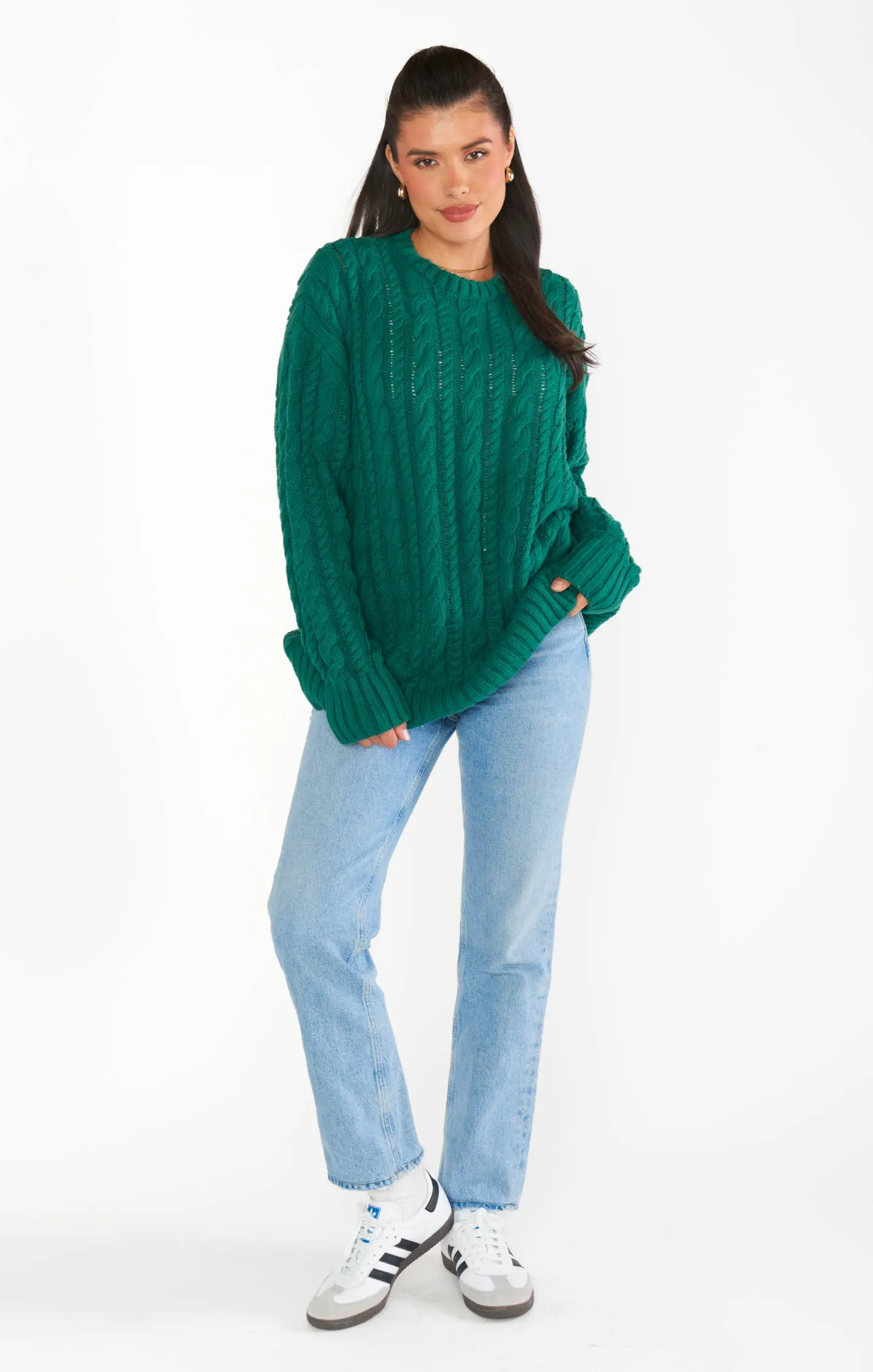 Alltagstunika-Pullover ~ Smaragdgrünes Kabelmuster