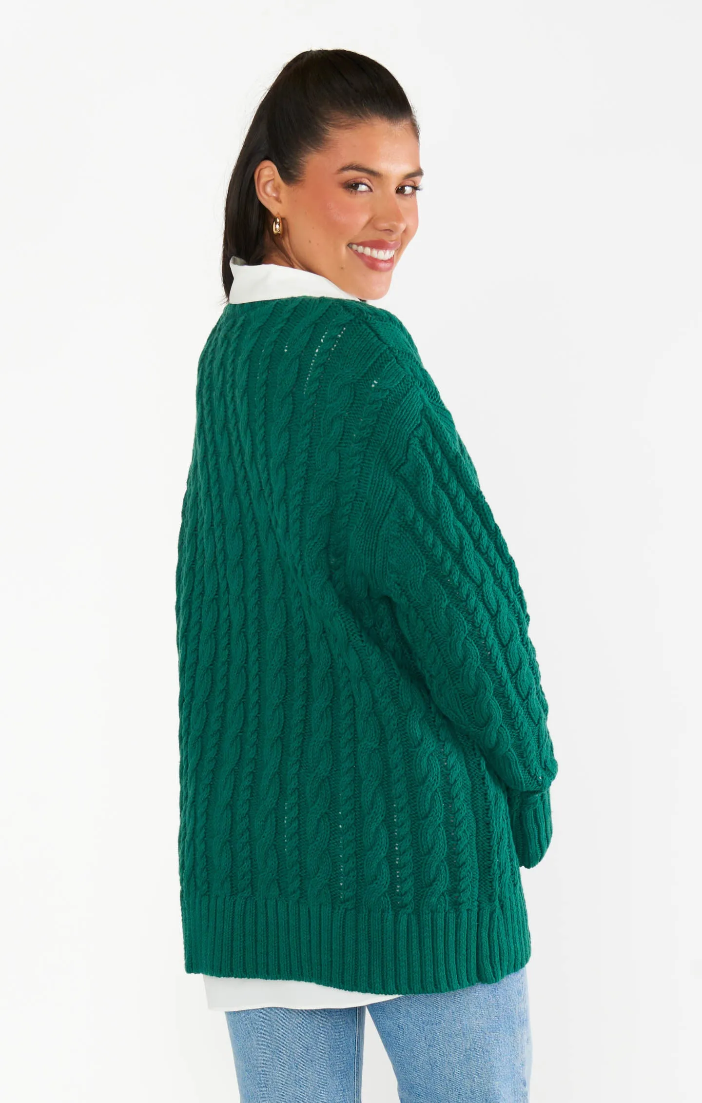 Alltagstunika-Pullover ~ Smaragdgrünes Kabelmuster