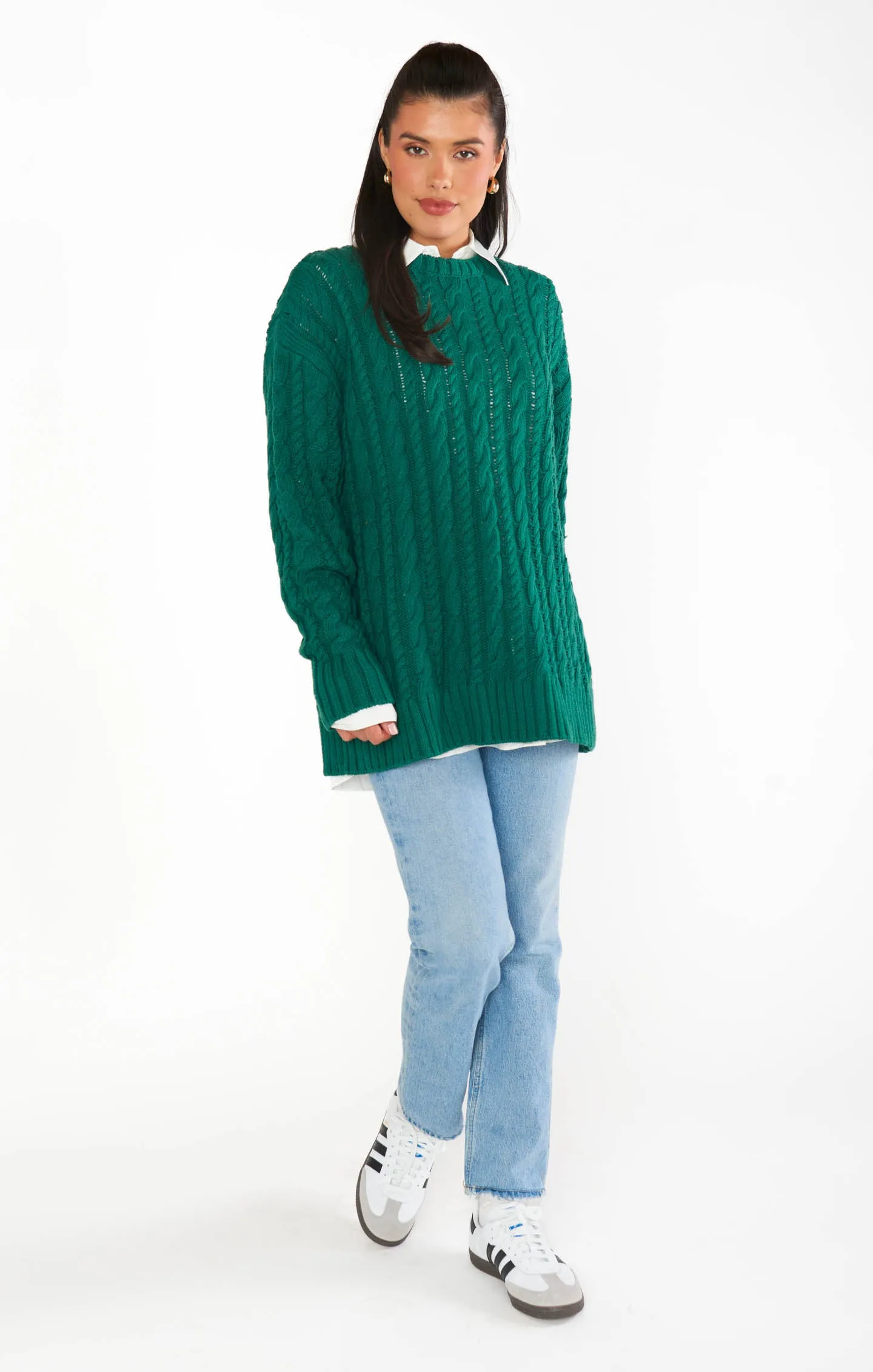 Alltagstunika-Pullover ~ Smaragdgrünes Kabelmuster