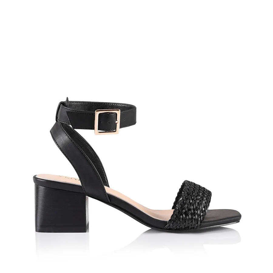 Elly Block Absatz Sandalen - Schwarz Gewebt