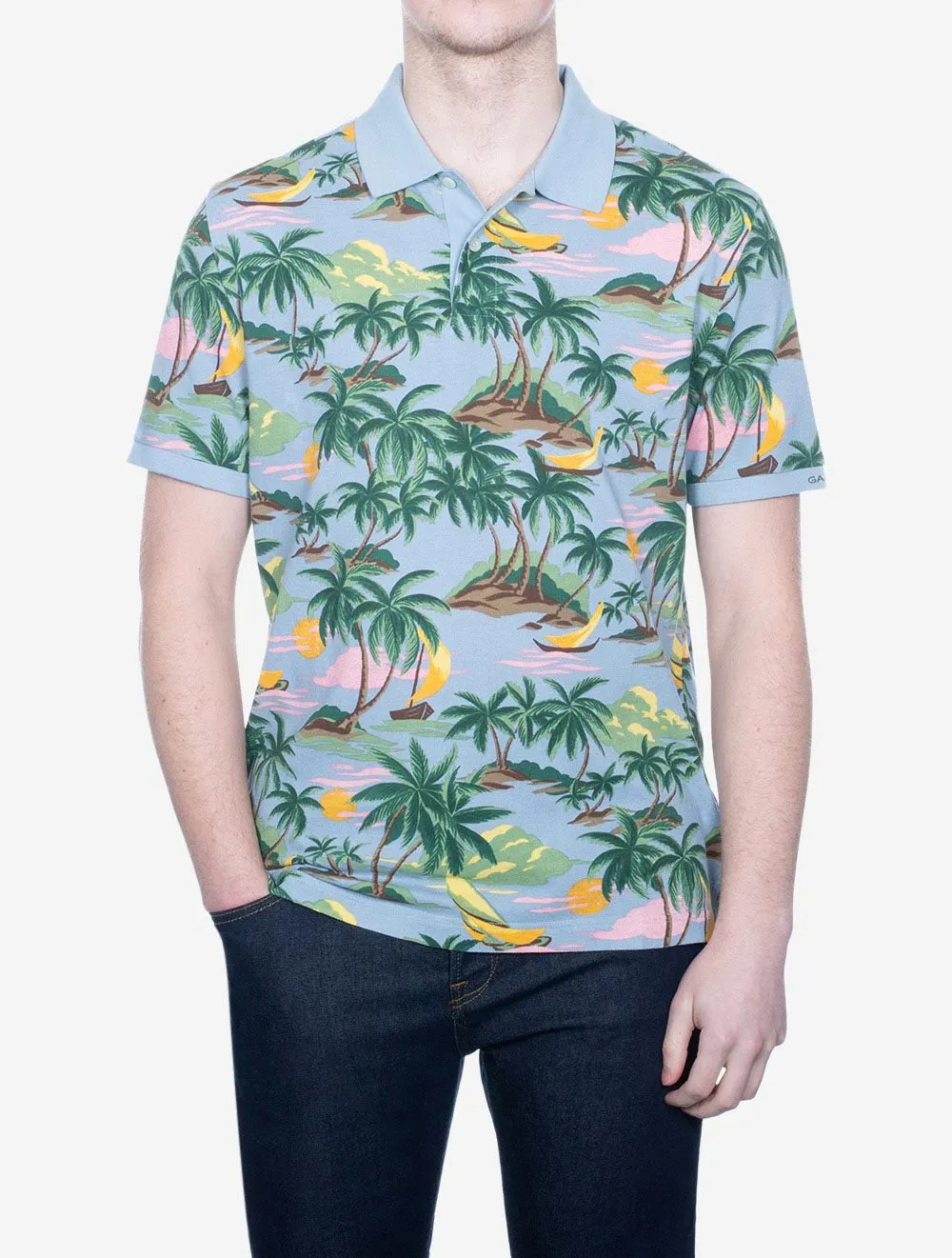 Hawaii-Druck Kurzarm Polo Taubenblau
