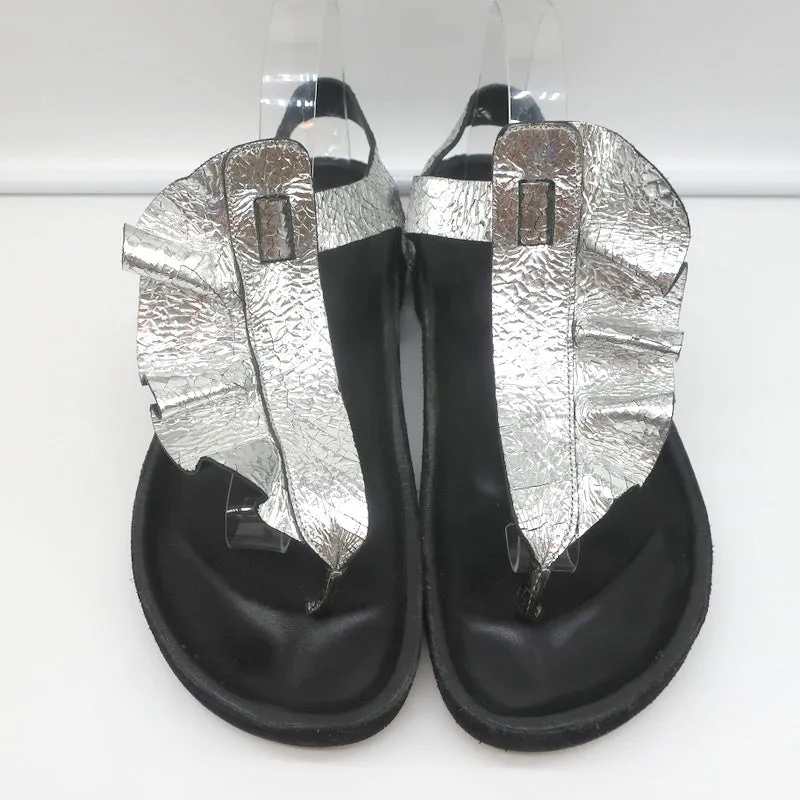 Isabel Marant Leakey Rüschen Sandalen Silber Metallic Leder Größe 41