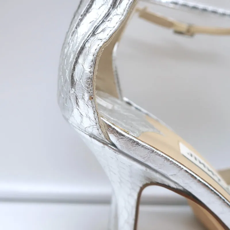 Jimmy Choo Twisted Strap Plateau-Sandalen Silber Schlangenleder Größe 38.5