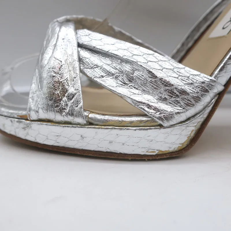 Jimmy Choo Twisted Strap Plateau-Sandalen Silber Schlangenleder Größe 38.5