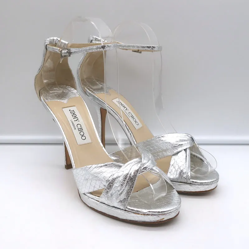 Jimmy Choo Twisted Strap Plateau-Sandalen Silber Schlangenleder Größe 38.5