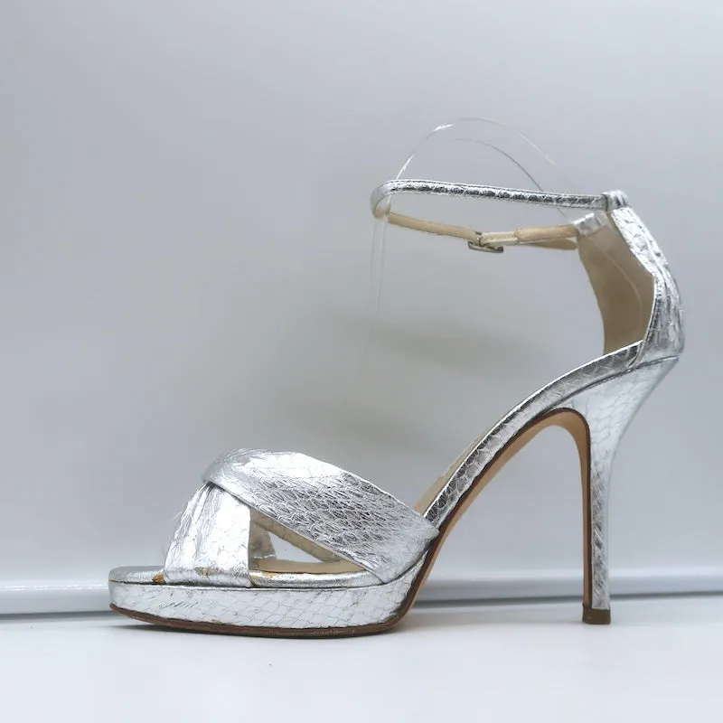 Jimmy Choo Twisted Strap Plateau-Sandalen Silber Schlangenleder Größe 38.5