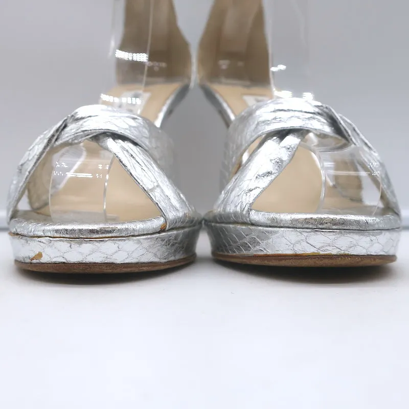 Jimmy Choo Twisted Strap Plateau-Sandalen Silber Schlangenleder Größe 38.5