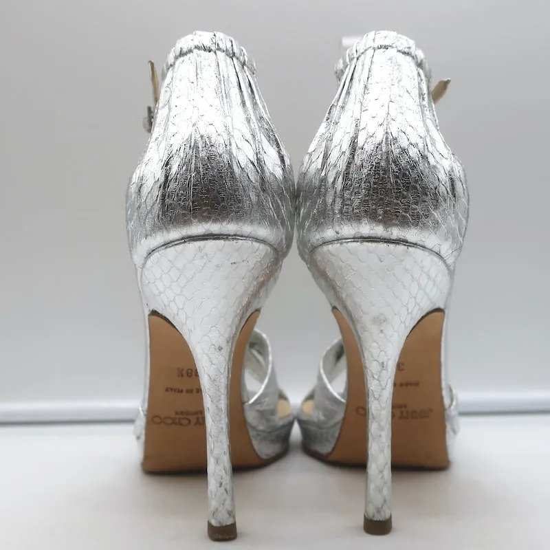 Jimmy Choo Twisted Strap Plateau-Sandalen Silber Schlangenleder Größe 38.5