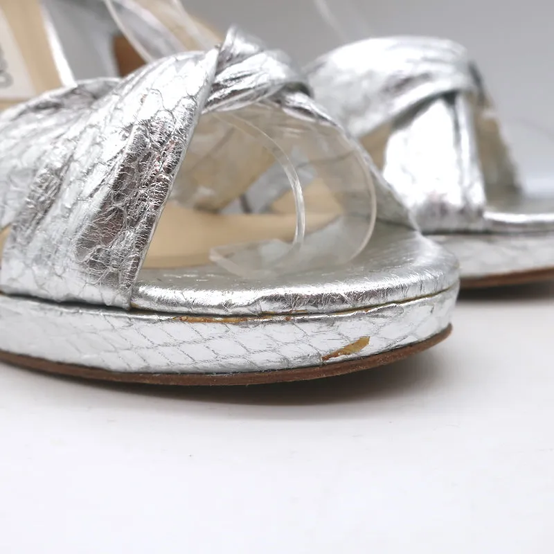 Jimmy Choo Twisted Strap Plateau-Sandalen Silber Schlangenleder Größe 38.5