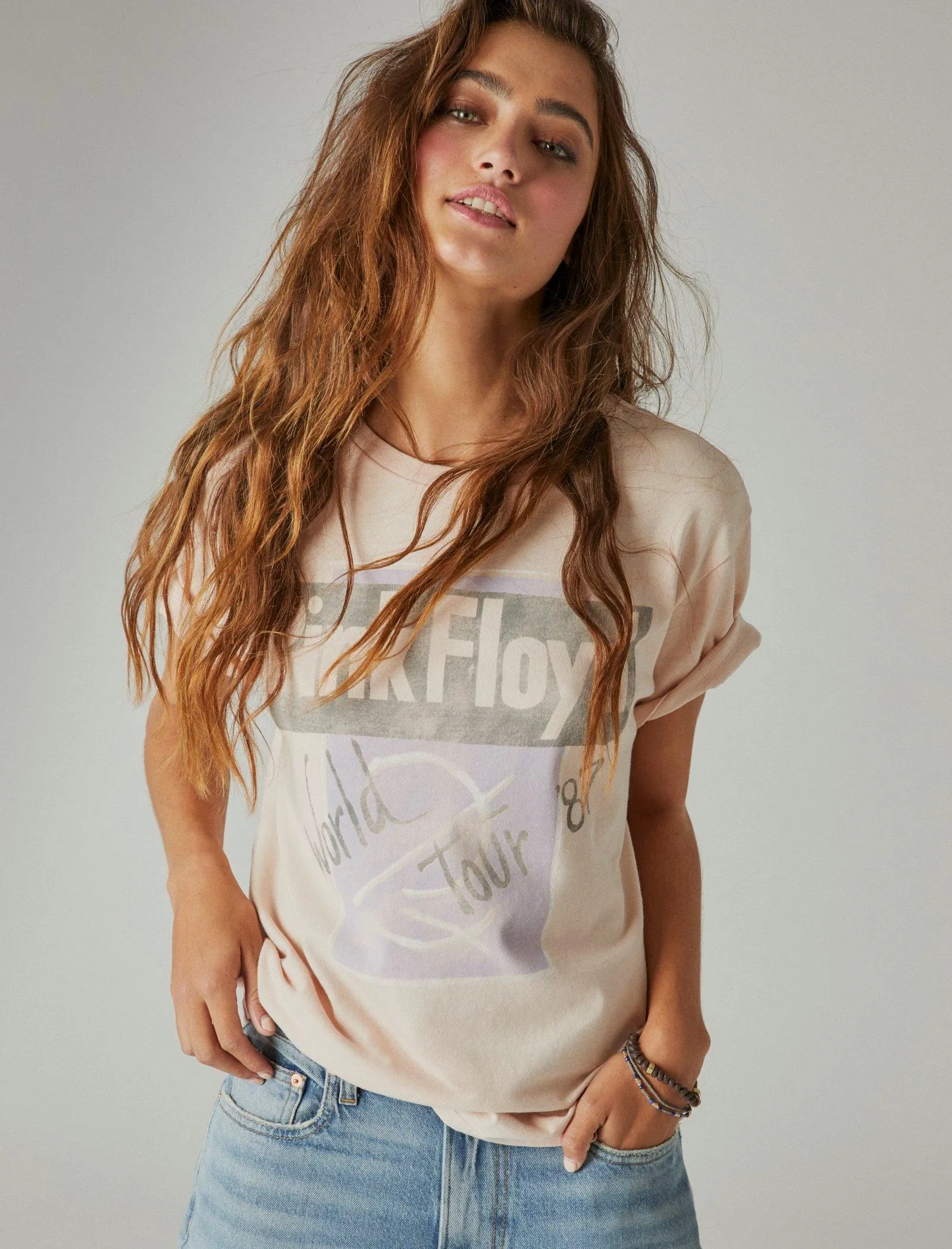 Lucky Brand Pink Floyd Tour '87 Boyfriend T-Shirt Pfirsichcreme Lucky Brand