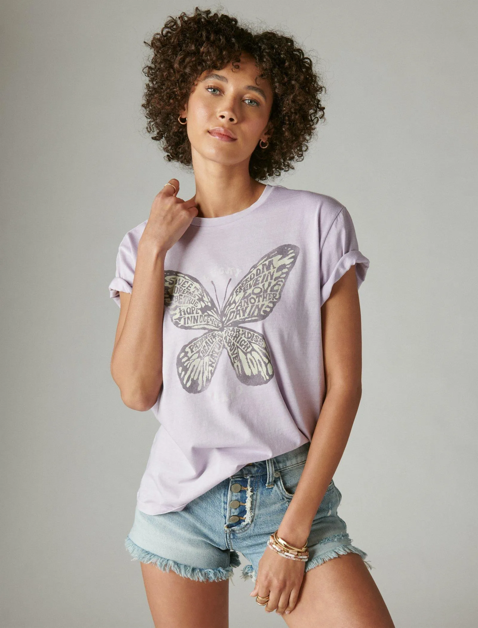 Lucky Brand Wordfill Schmetterling Boyfriend-Shirt Pastell Lila Lucky Brand