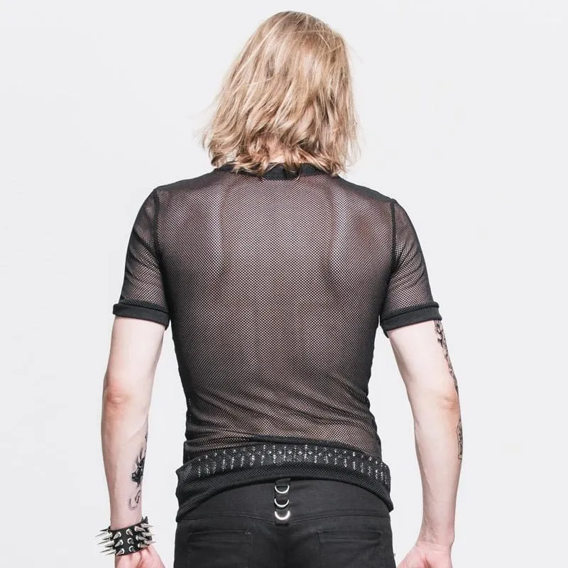 Herren T-Shirt mit Mesh-Einsätzen und Punk-Design, kurzärmlig