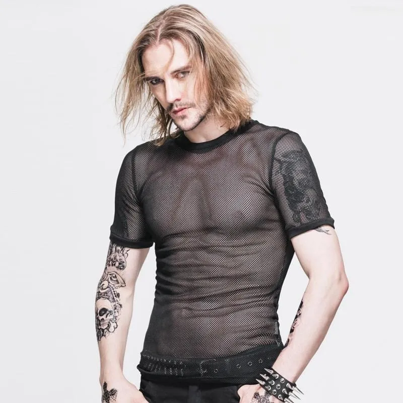 Herren T-Shirt mit Mesh-Einsätzen und Punk-Design, kurzärmlig