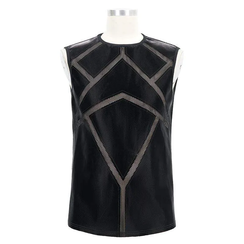 Herren Gothic Punk Mesh Kunstleder Tanktops Schwarz