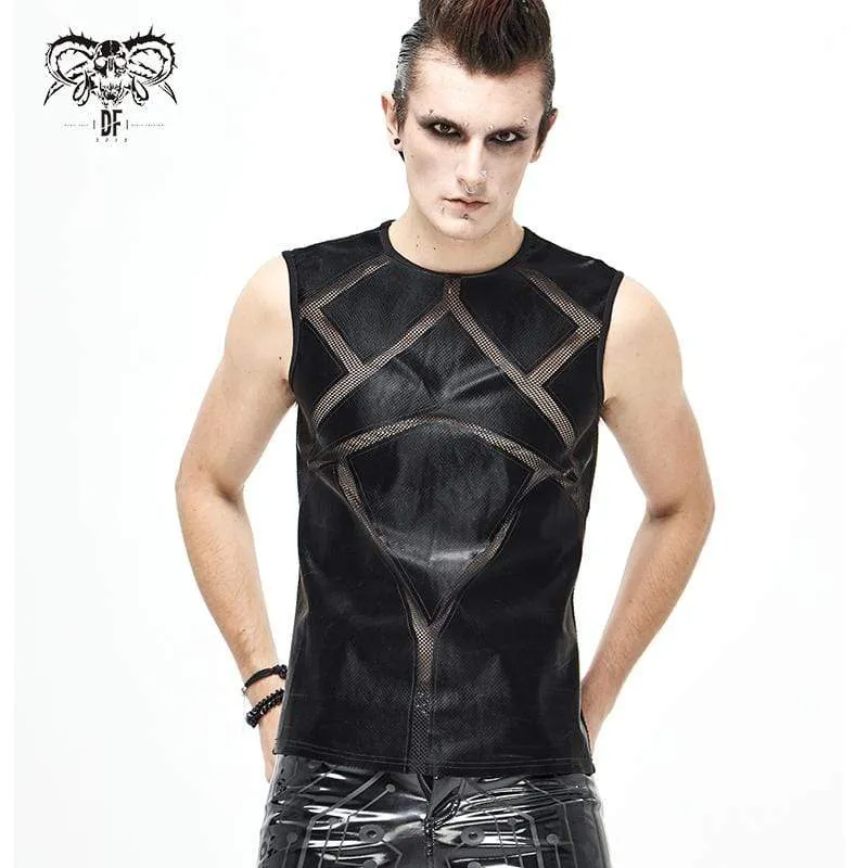 Herren Gothic Punk Mesh Kunstleder Tanktops Schwarz