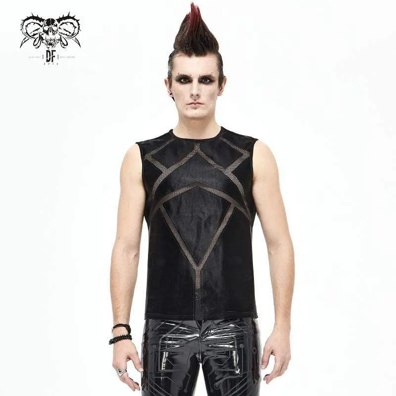 Herren Gothic Punk Mesh Kunstleder Tanktops Schwarz