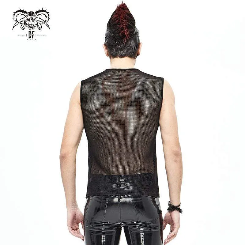 Herren Gothic Punk Mesh Kunstleder Tanktops Schwarz