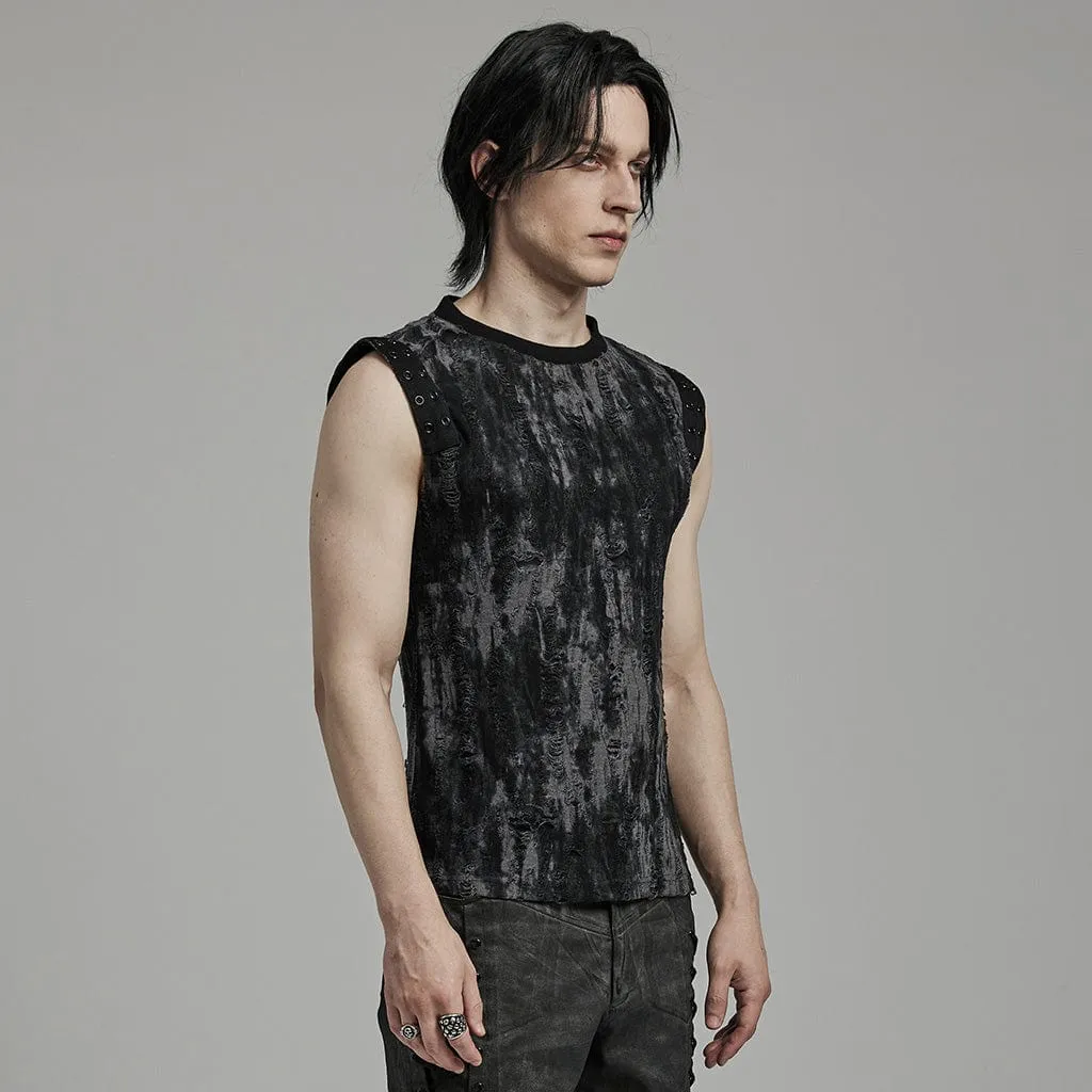 Herren Gothic Punk Zerrissenes Ösen Schwarzes Graues Tanktop