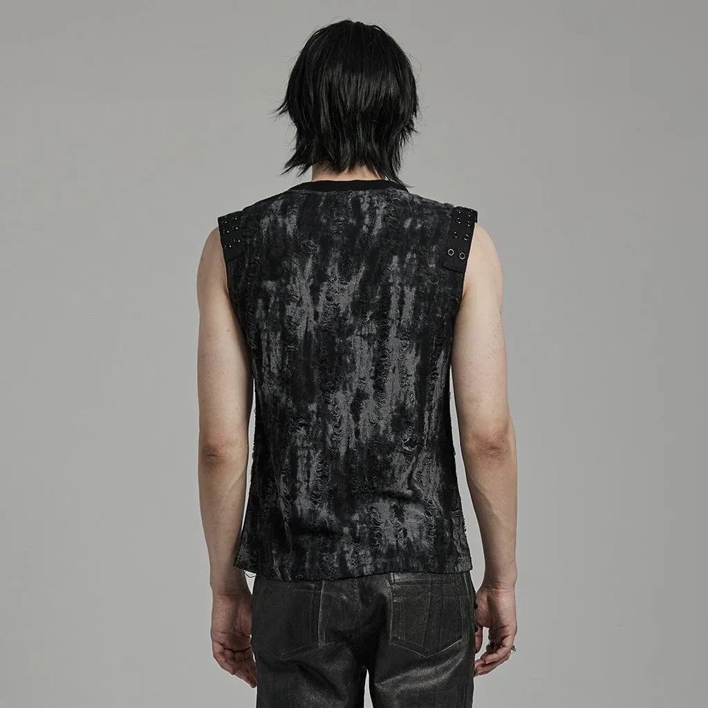 Herren Gothic Punk Zerrissenes Ösen Schwarzes Graues Tanktop