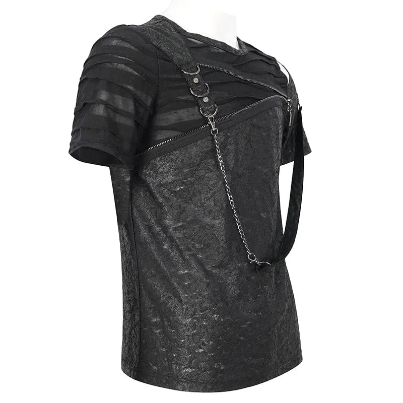 Herren-Punk T-Shirt mit Ausschnitten und Reißverschluss-Trägern