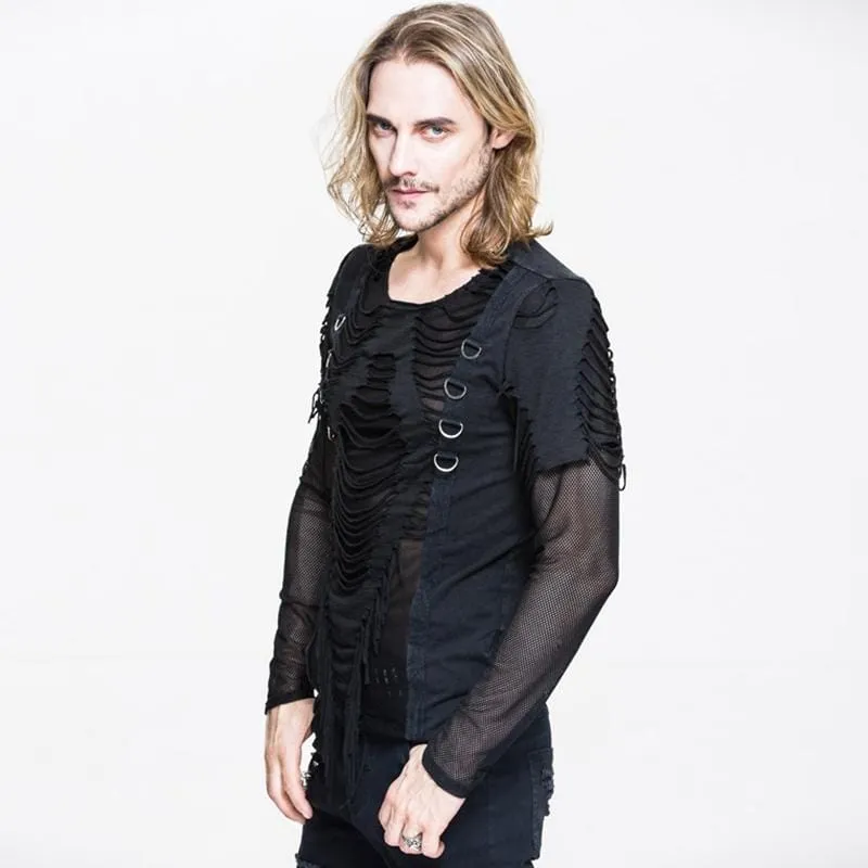 Herren Punk Mesh und Vintage Riss T-Shirt