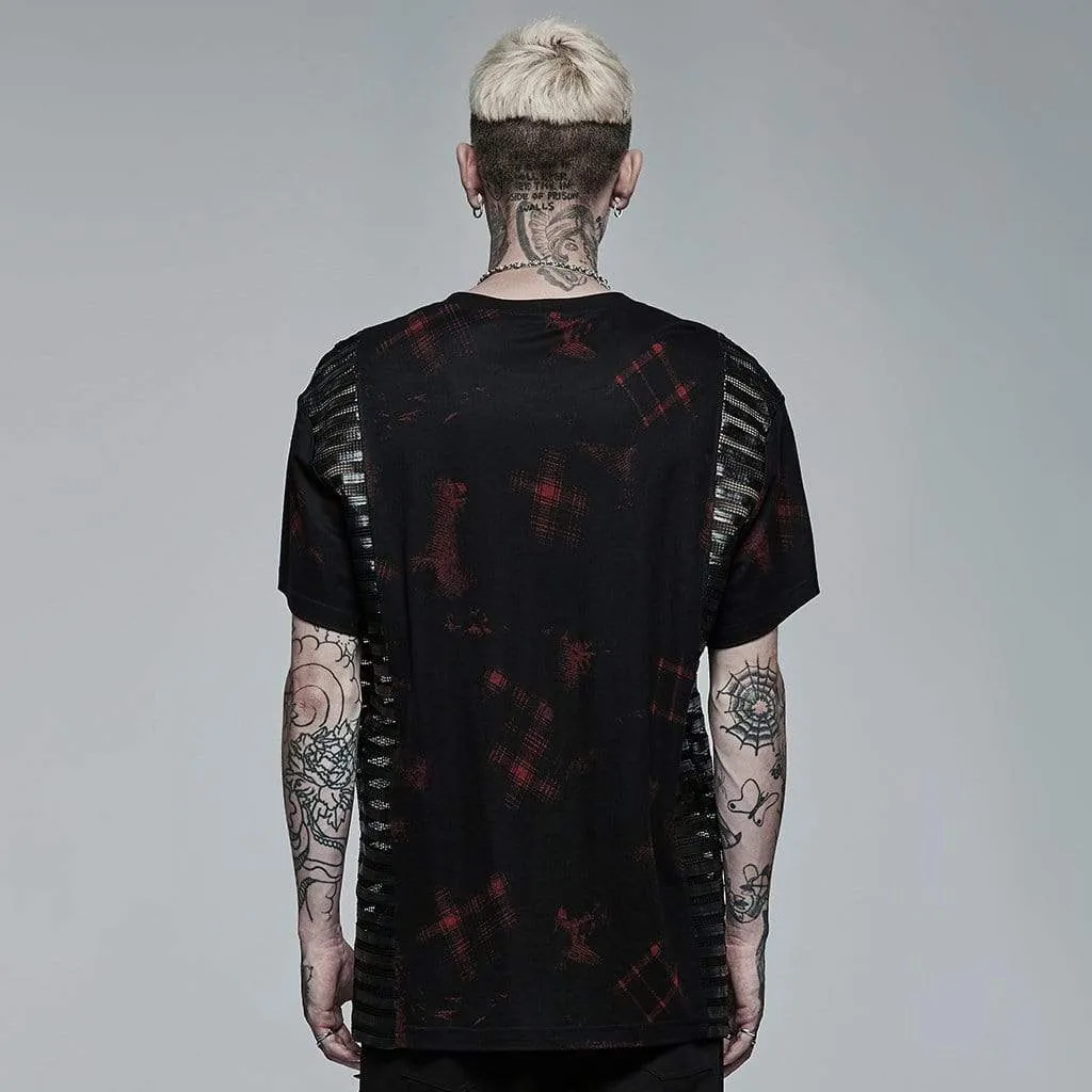 Herren Punk Mesh Splice Karo T-Shirt