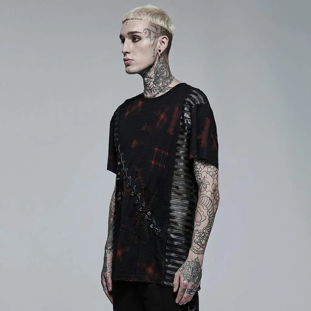 Herren Punk Mesh Splice Karo T-Shirt